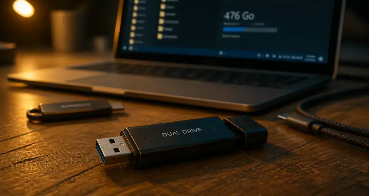 Clef usb 500 go : clé USB fiable sur bureau, USB-A et USB-C visibles
