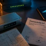 Connectivité IoT : capteur avec antenne, signal LPWAN/cellulaire/satellite sur smartphone