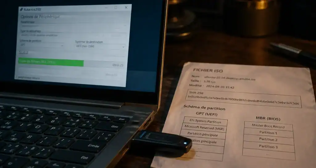 creer une clef bootable USB avec Rufus et ISO, clé USB et écran