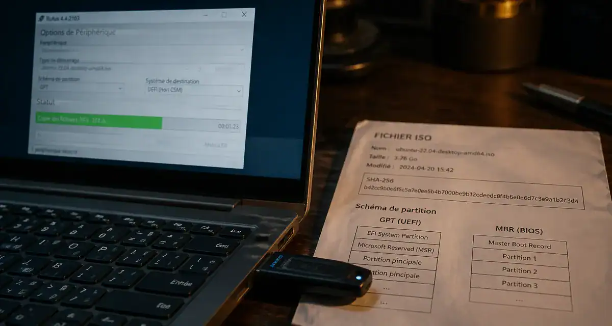 creer une clef bootable USB avec Rufus et ISO, clé USB et écran