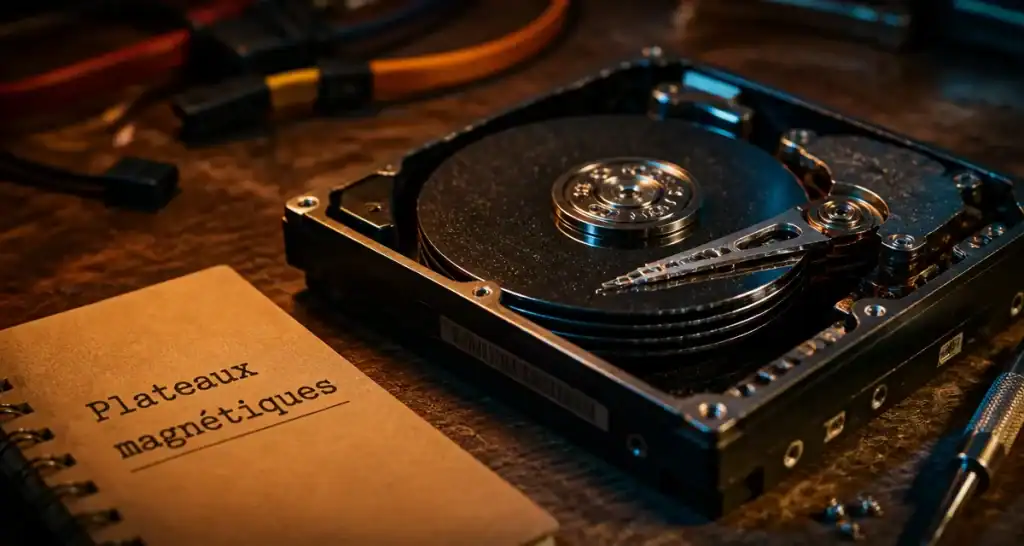 Disque dur mécanique : plateaux magnétiques et tête de lecture