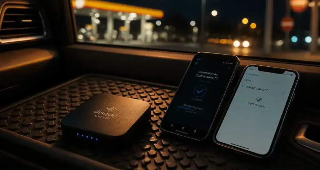 Disque dur wifi dans une voiture, avec smartphone en connexion sans fil