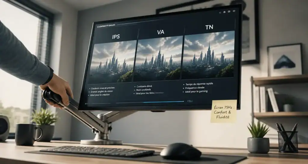 ecran 75hz sur bureau moderne, comparatif dalles