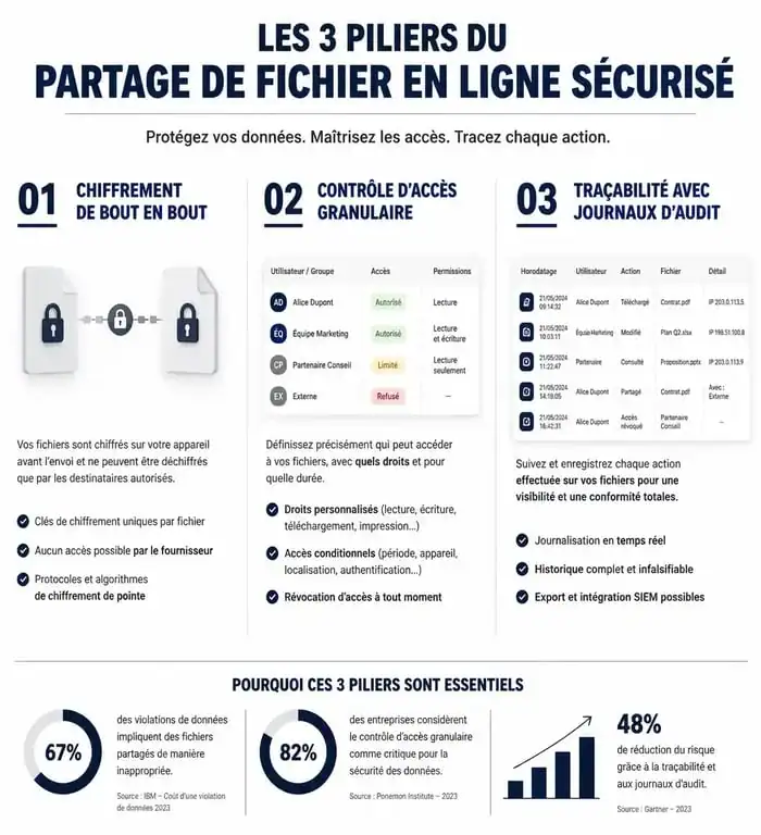 Infographie des piliers du partage de fichier en ligne sécurisé : chiffrement, contrôle d'accès et traçabilité.