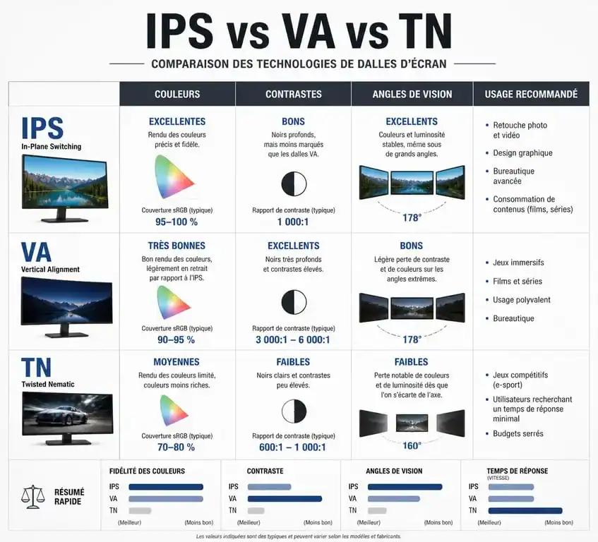Comparatif des technologies de dalles d'écran IPS, VA et TN pour choisir son écran 75Hz