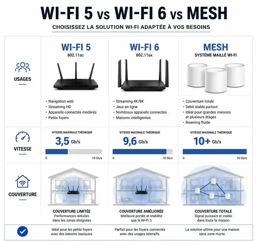 Comparatif des performances entre répéteur Wi-Fi 5, Wi-Fi 6 et système Mesh pour le test de répéteur wifi
