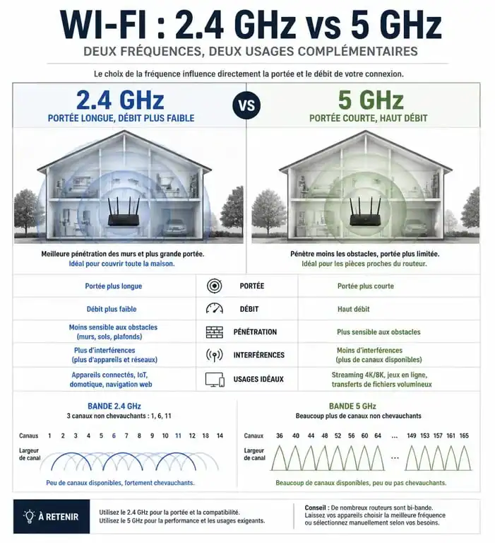 Comparaison des fréquences Wi-Fi 2.4 GHz et 5 GHz pour comprendre comment fonctionne le wifi