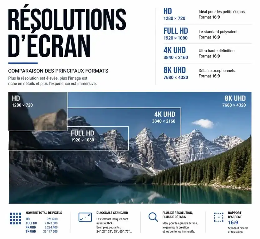 Comparaison visuelle des résolutions d'écran : HD, Full HD, 4K UHD et 8K