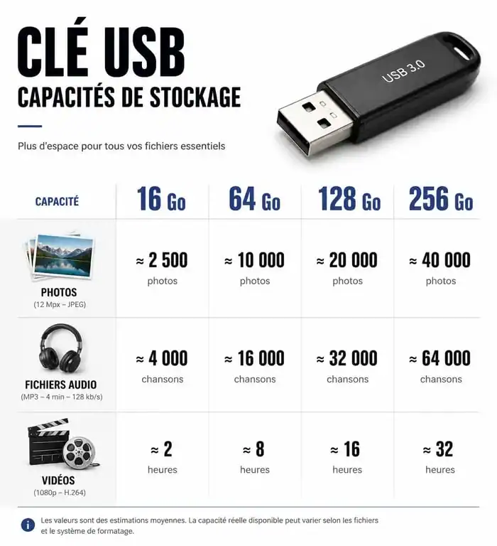 Infographie comparative des capacités de stockage d'une clé USB et usages types