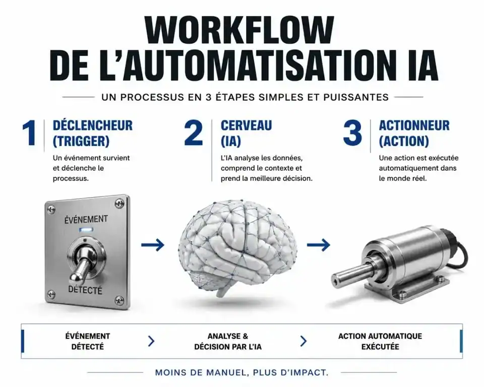 Schéma du fonctionnement de l'automatisation IA : Trigger, Cerveau et Action