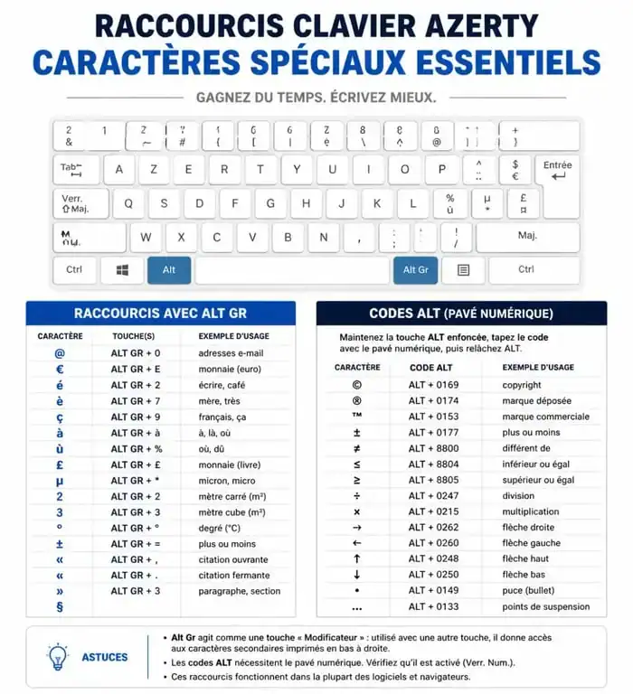 Infographie des raccourcis clavier AZERTY pour les caractères spéciaux et symboles
