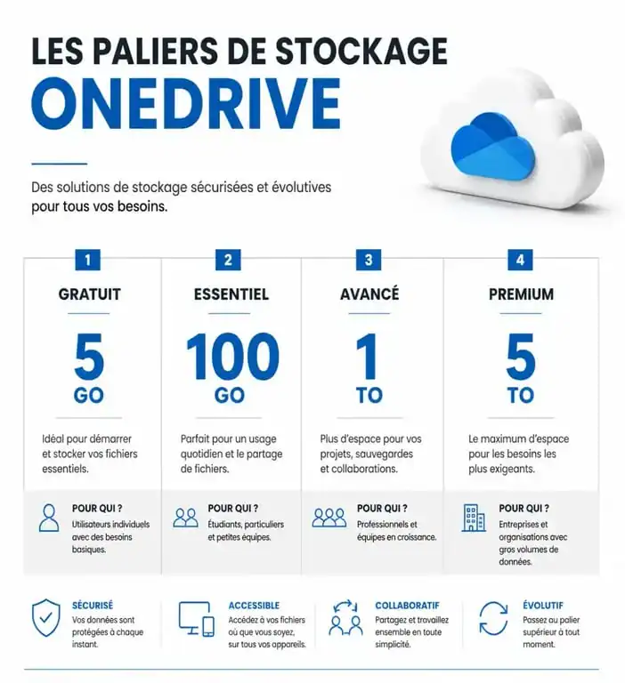 Tableau comparatif des tarifs et capacités de stockage OneDrive pour particuliers et entreprises