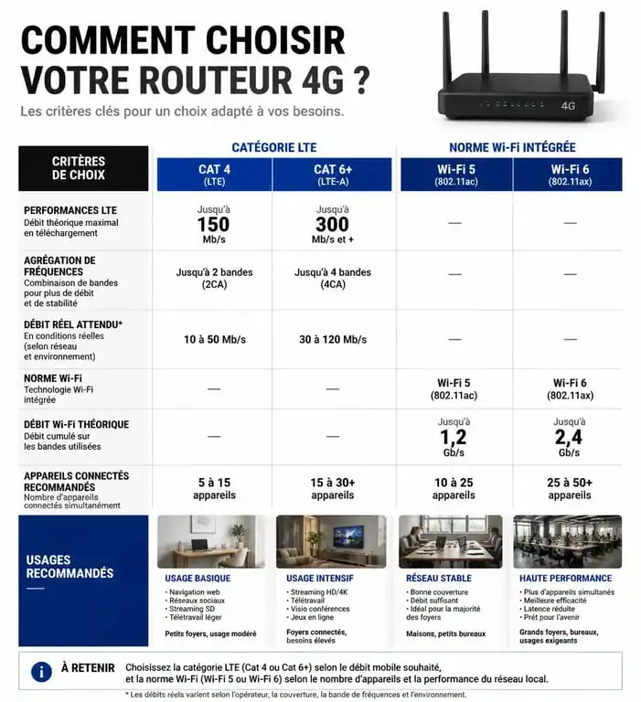 Infographie des critères de choix pour le meilleur routeur wifi 4g avec carte sim