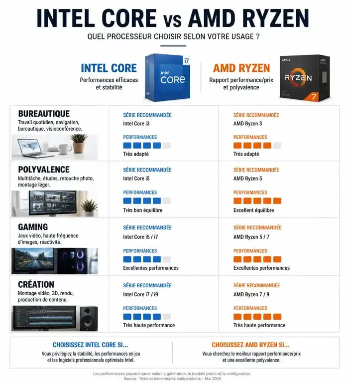 Infographie comparative des processeurs pour PC portable : Intel Core et AMD Ryzen selon l'usage