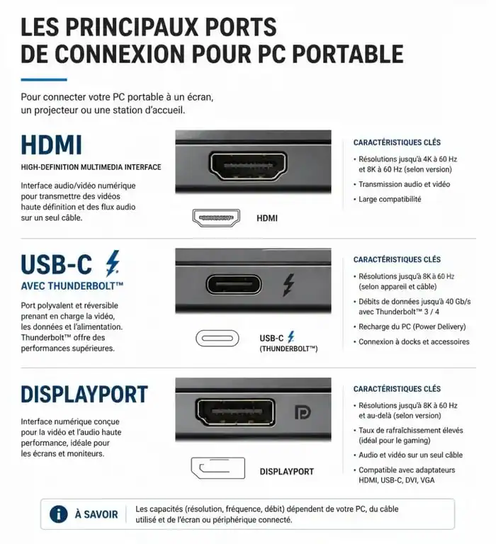 Schéma des différents ports pour connecter un pc portable sur ecran externe
