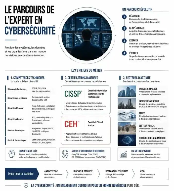 Infographie du parcours et des compétences pour devenir expert en cybersécurité