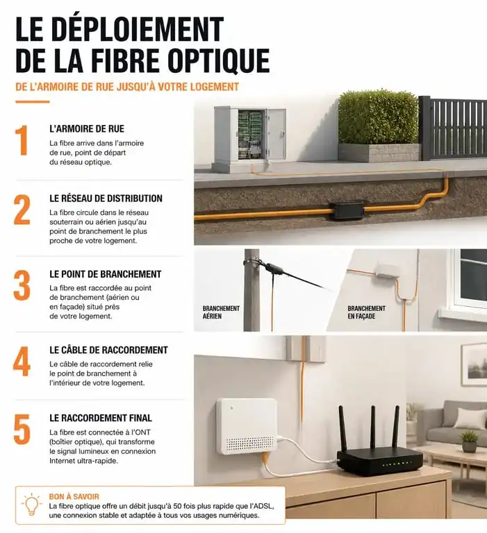 Étapes du déploiement de la fibre optique pour savoir quand la fibre sera disponible chez moi