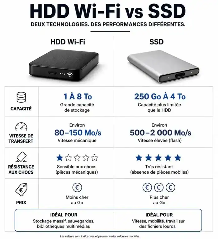 Comparatif technique disque dur Wi-Fi HDD vs SSD pour bien choisir son stockage sans fil