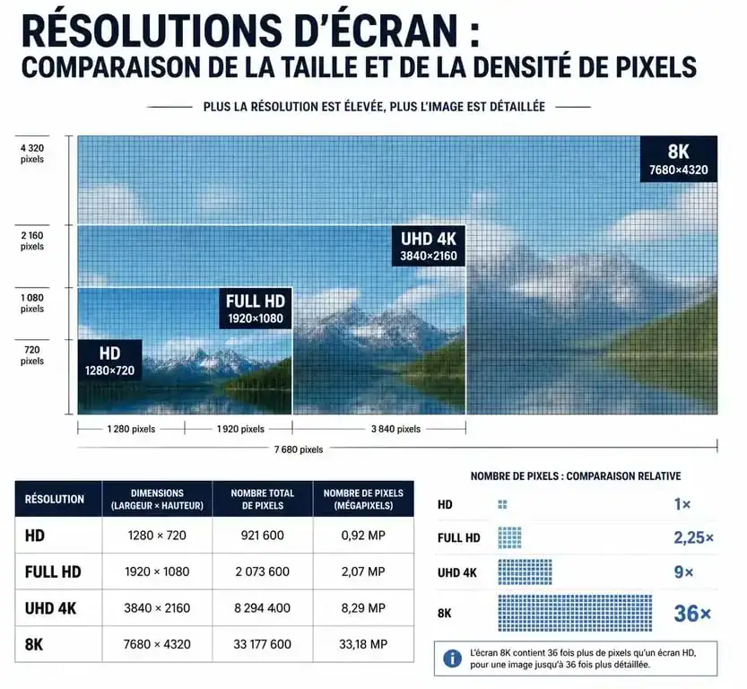 Comparatif visuel des résolutions d'écran : HD, Full HD, UHD 4K et 8K pour comprendre ce que veut dire UHD.
