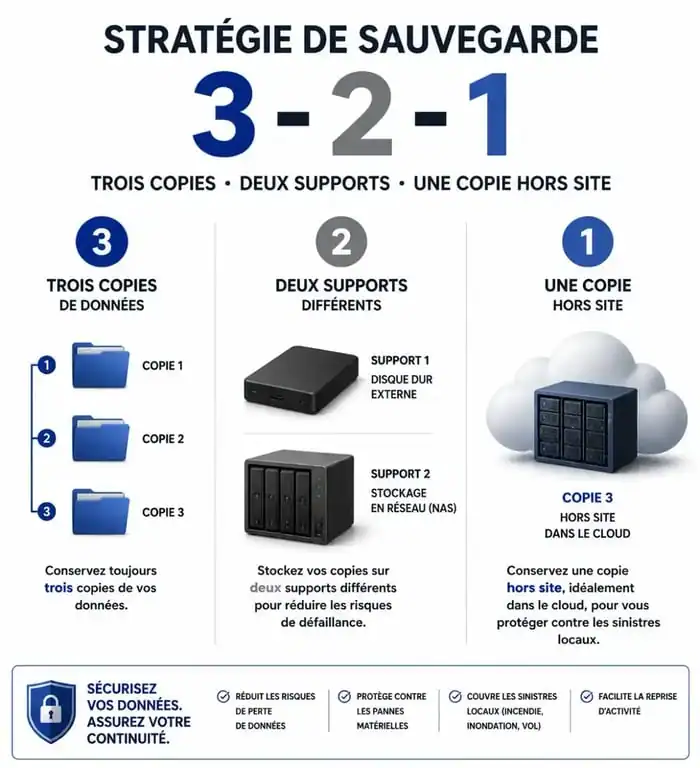 Schéma explicatif de la stratégie de sauvegarde informatique 3-2-1 pour la protection des données