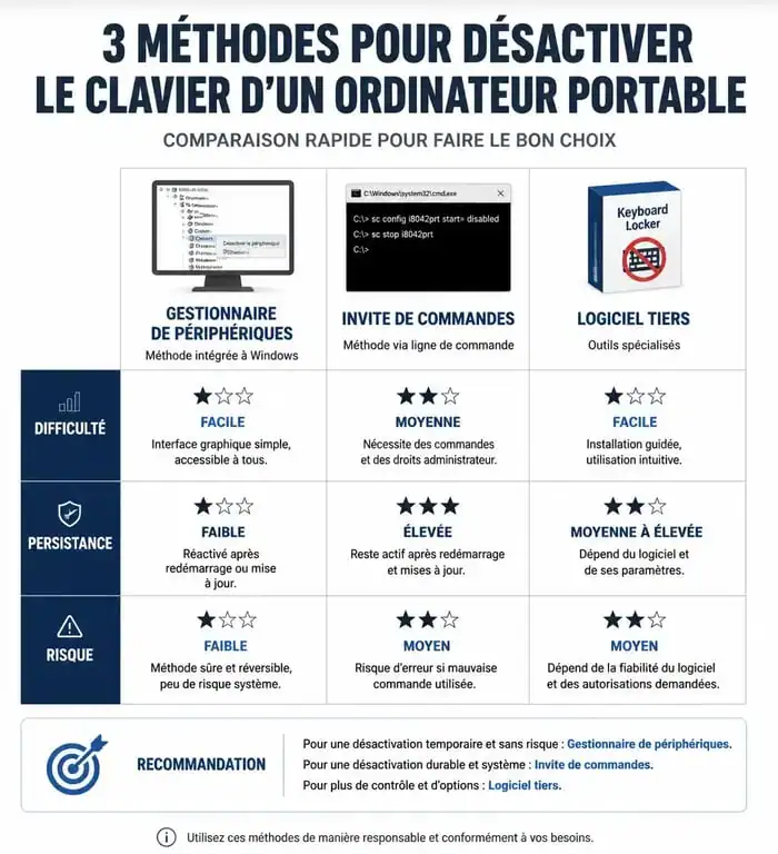 Infographie comparative des méthodes pour désactiver le clavier d'un ordinateur portable
