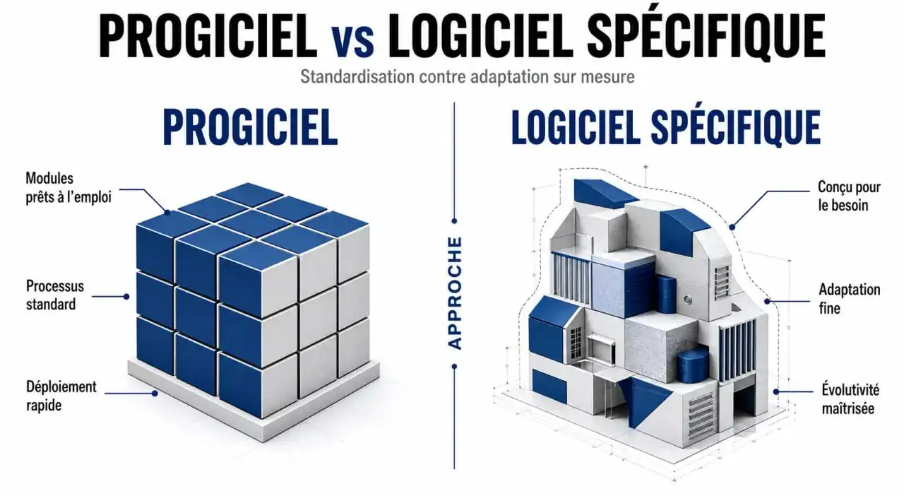Comparaison visuelle entre un progiciel standardisé et un logiciel spécifique sur mesure