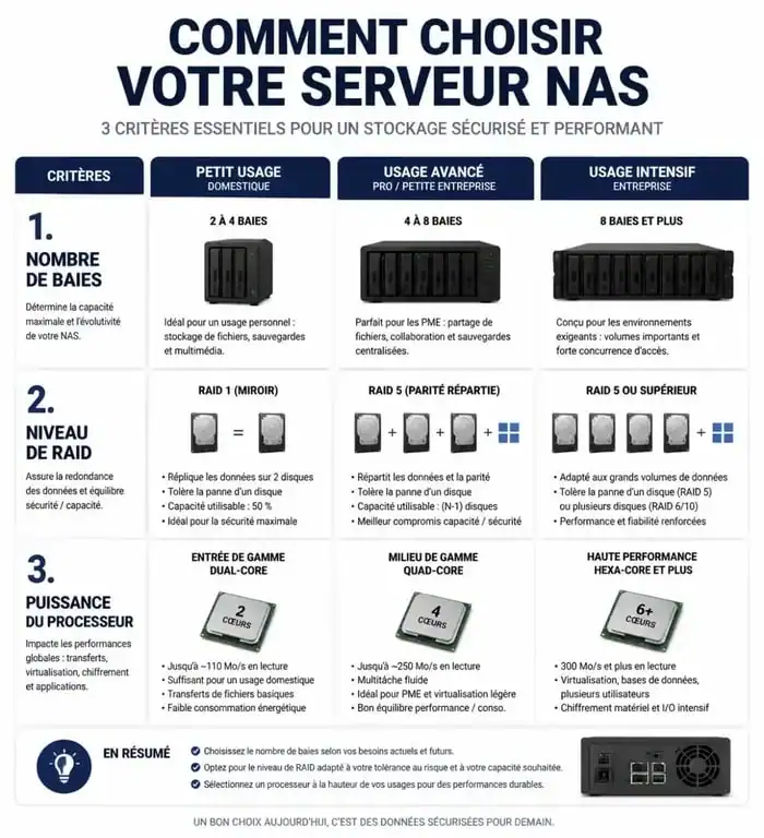 Infographie comparative des critères techniques pour choisir son serveur NAS : baies, RAID et processeur pour un comparatif nas efficace.
