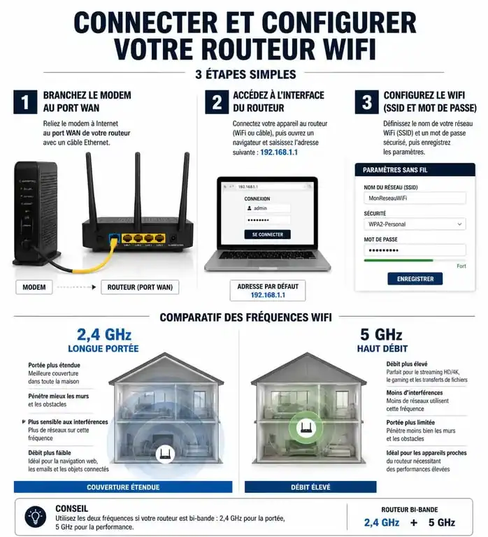 Infographie explicative pour configurer un routeur WiFi et optimiser les fréquences 2.4GHz et 5GHz