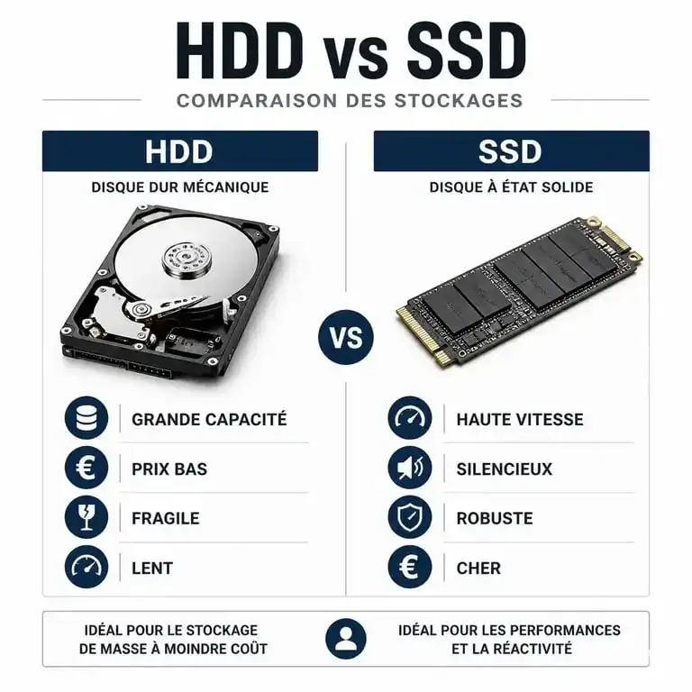 Comparatif visuel des différences entre disque dur HDD et SSD pour choisir son stockage