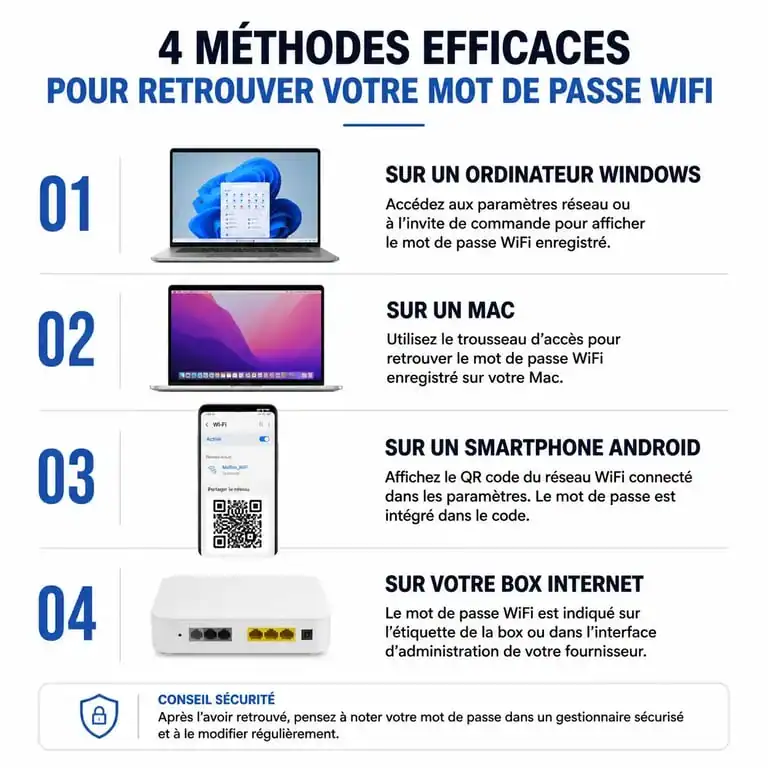 Infographie des méthodes pour retrouver son mot de passe wifi sur Windows, Mac, Android et box internet