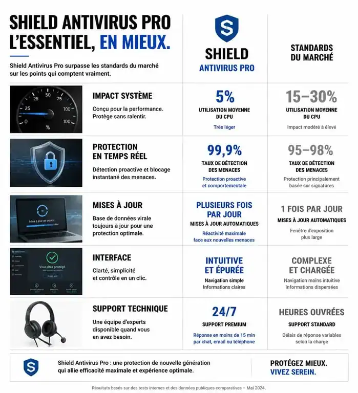 Comparatif des fonctionnalités de Shield Antivirus Pro face aux standards du marché des antivirus