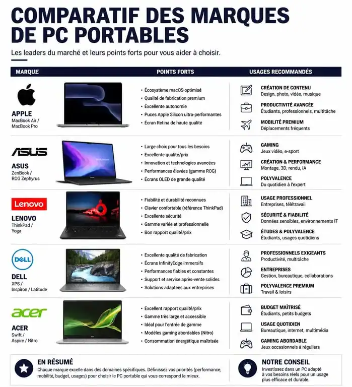 Infographie comparative des meilleures marques de PC portables : Apple, Asus, Lenovo, Dell et Acer selon leurs points forts et usages.