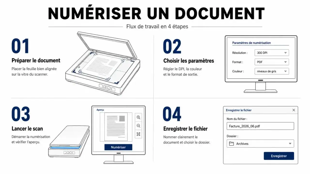 Schéma illustrant les étapes pour scanner un document avec une imprimante multifonction
