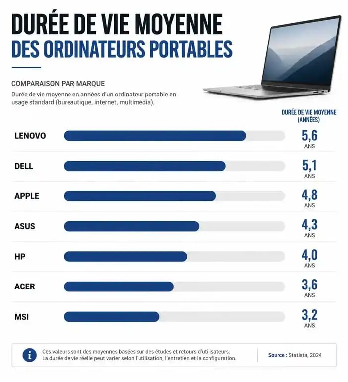 Graphique comparatif de la durée de vie moyenne des ordinateurs portables par marque pour évaluer la fiabilité.