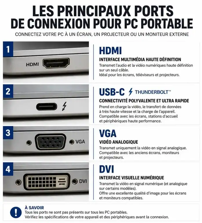Schéma des différents ports pour brancher un écran sur pc portable : HDMI, USB-C, VGA et DVI