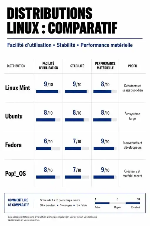 Infographie comparative des meilleures distributions Linux pour choisir son système d'exploitation.