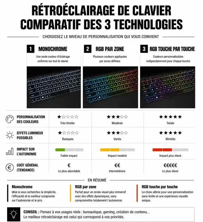 Comparatif des types de rétroéclairage pour clavier pc portable retro éclairé : monochrome, RGB par zone et RGB touche par touche.