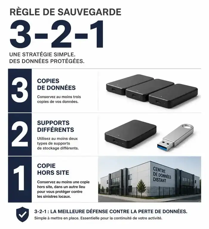 Infographie expliquant la règle 3-2-1 pour la sauvegarde de son PC