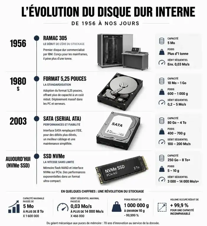 Infographie chronologique de l'évolution technologique du disque dur interne