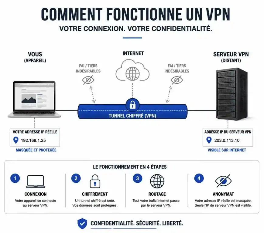 Schéma explicatif du fonctionnement d'un VPN : tunnel sécurisé et masquage d'adresse IP