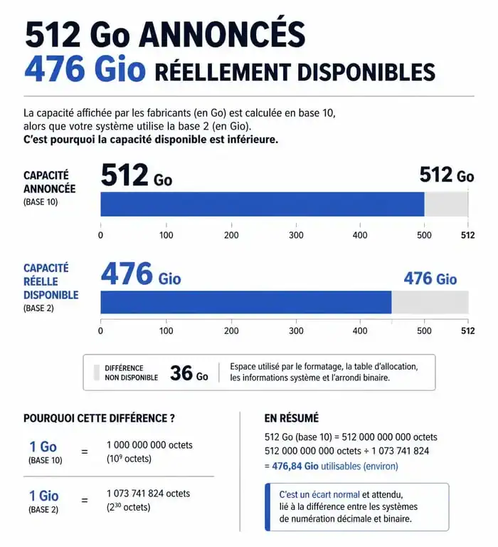 Infographie comparant la capacité annoncée et la capacité réelle d'une clef usb 500 go