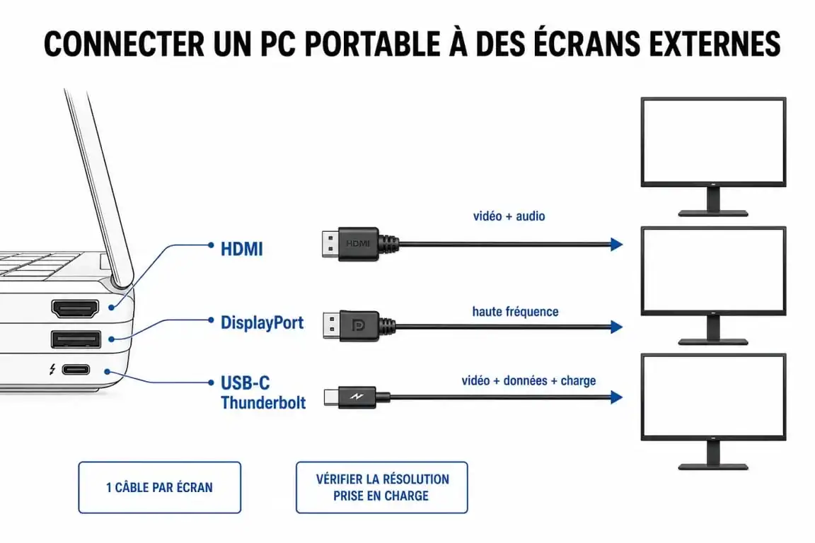 Schéma des ports de connexion pour brancher 2 écrans sur un PC portable
