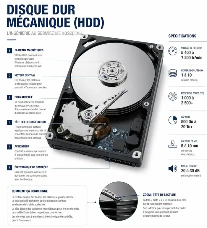 Schéma de l'anatomie d'un disque dur mécanique montrant les plateaux et la tête de lecture