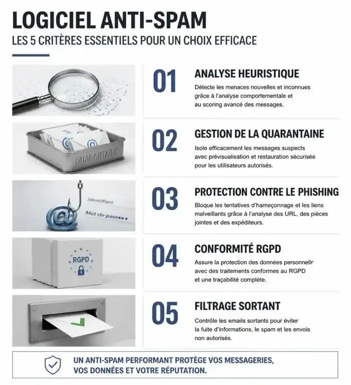 Infographie des critères de sélection pour choisir un logiciel anti-spam performant et sécurisé.