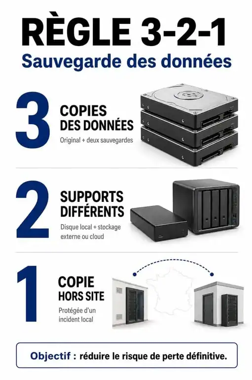 Infographie illustrant la règle 3-2-1 pour la sauvegarde des données