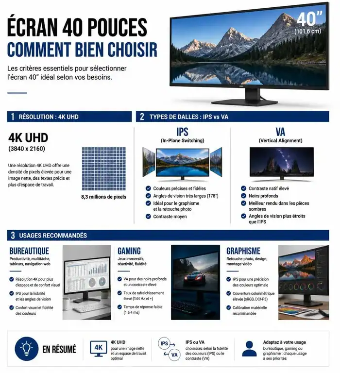 Infographie comparative des critères de choix pour un écran 40 pouces : résolution, dalle et usage