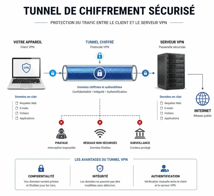 Schéma explicatif du fonctionnement d'un tunnel VPN pour la sécurité des données