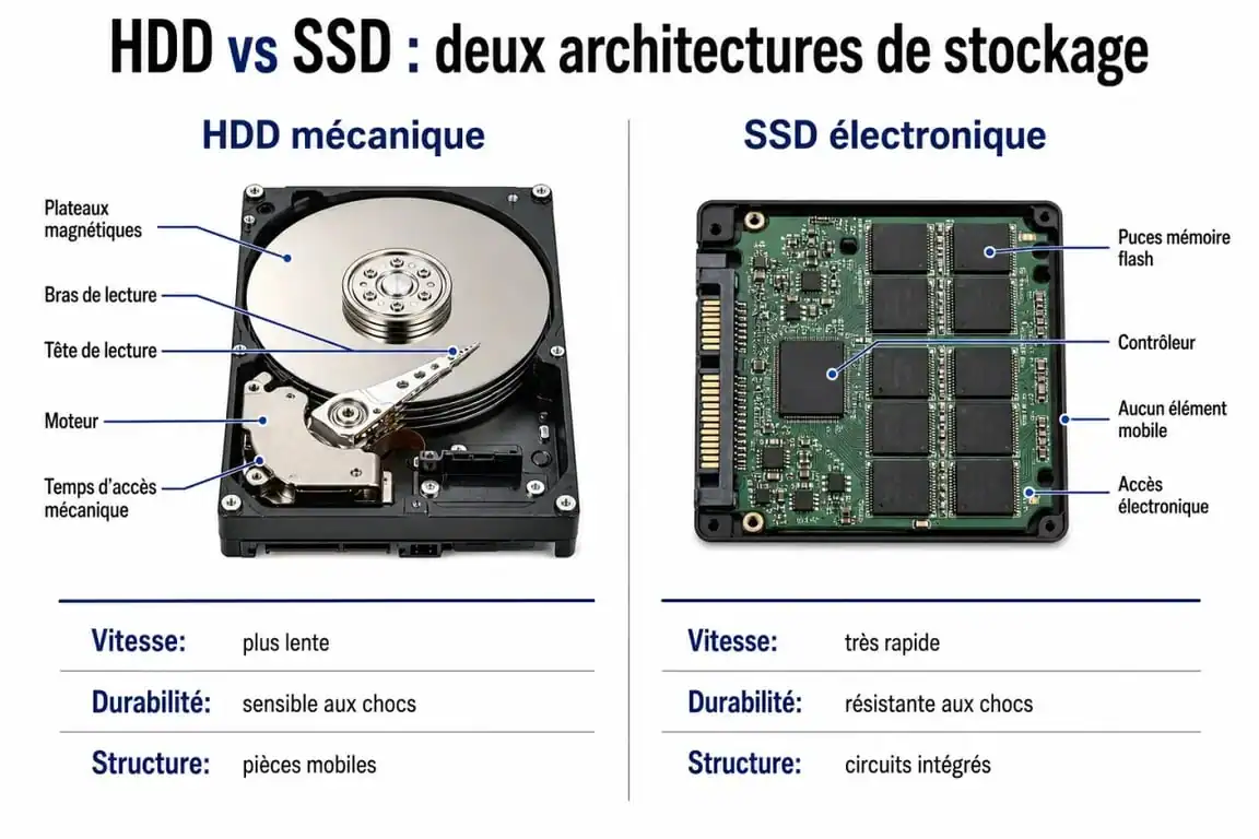 Infographie comparative entre disque dur HDD et SSD : différences de vitesse, durabilité et technologie