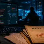 Expert en cybersécurité dans un SOC : écrans SIEM et logs, PSSI confidentiel