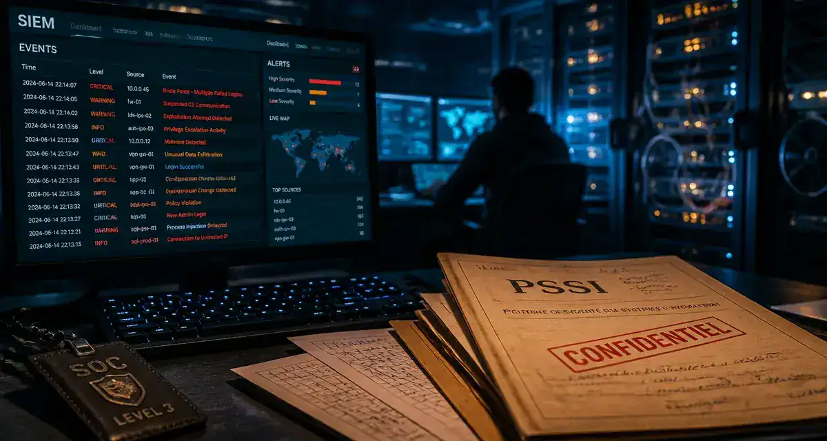 Expert en cybersécurité dans un SOC : écrans SIEM et logs, PSSI confidentiel
